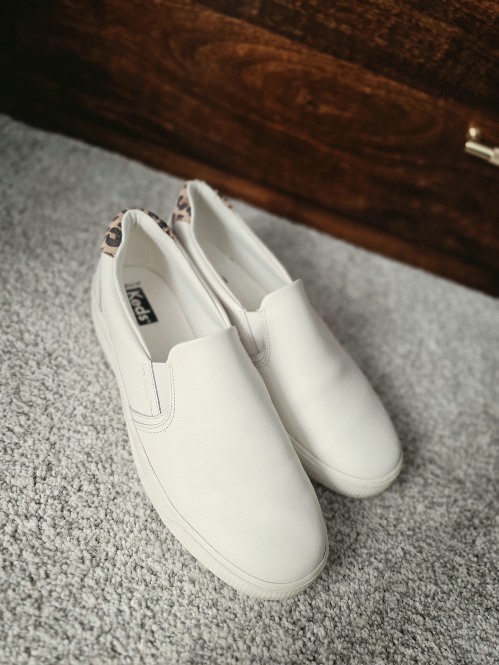 Keds White Slip-On Sneakers with Leopard Heel Tab